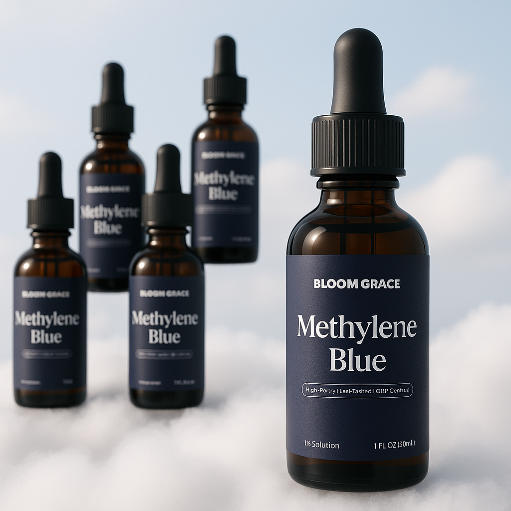 Five bottles of Methylene Blue with droppers, floating on clouds.