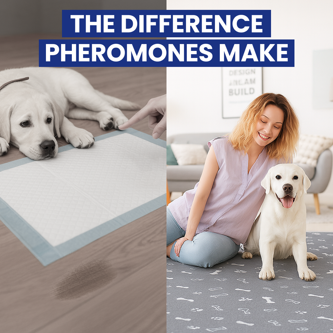 Split image of a dog before and after using pheromones with text 'The Difference Pheromones Make.'