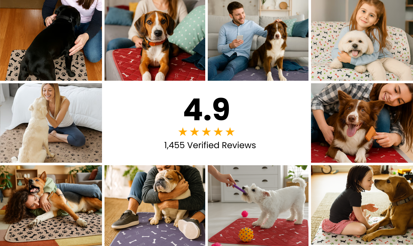 Collage of people interacting with dogs on patterned mats.