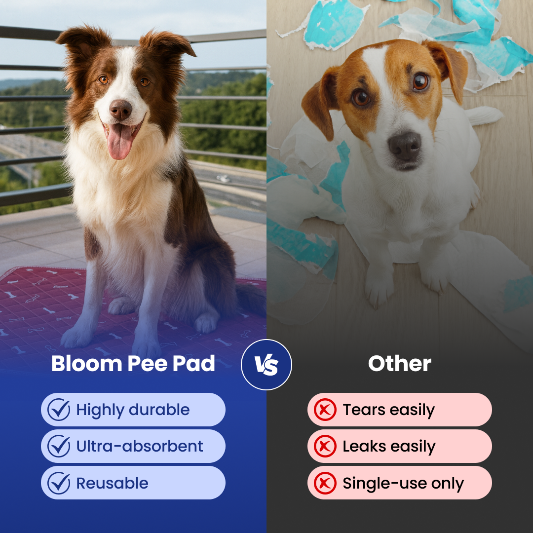 Two dogs compared: one on a pee pad, one with torn paper.