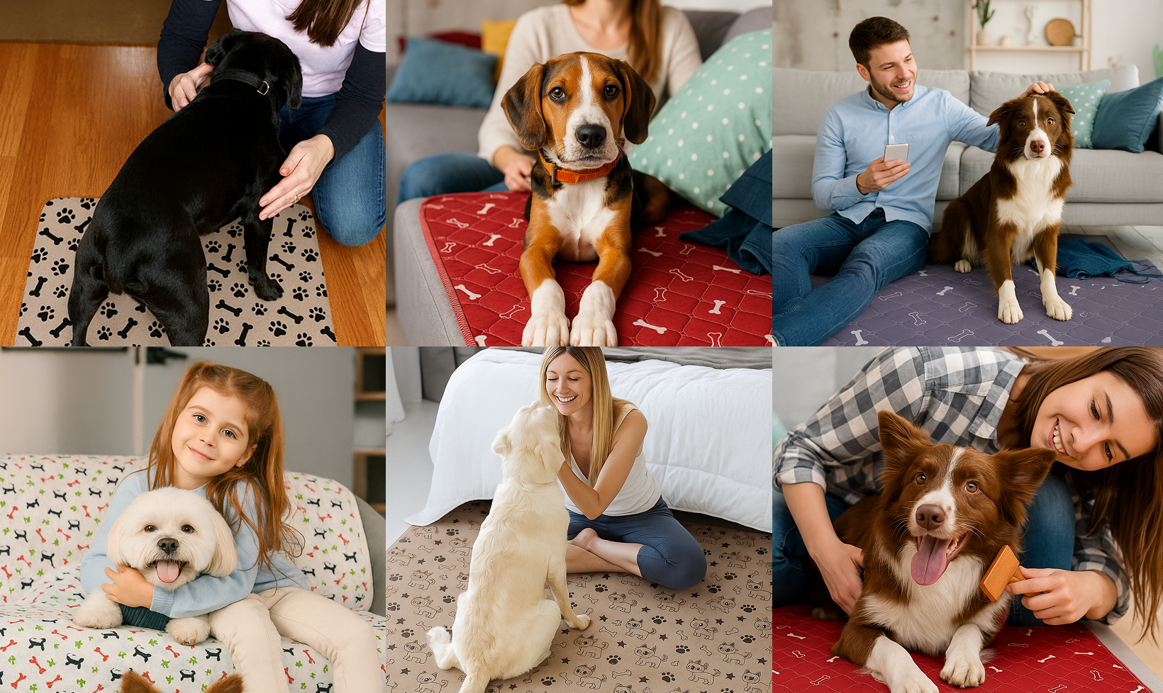 Collage of people with their dogs on patterned mats indoors.