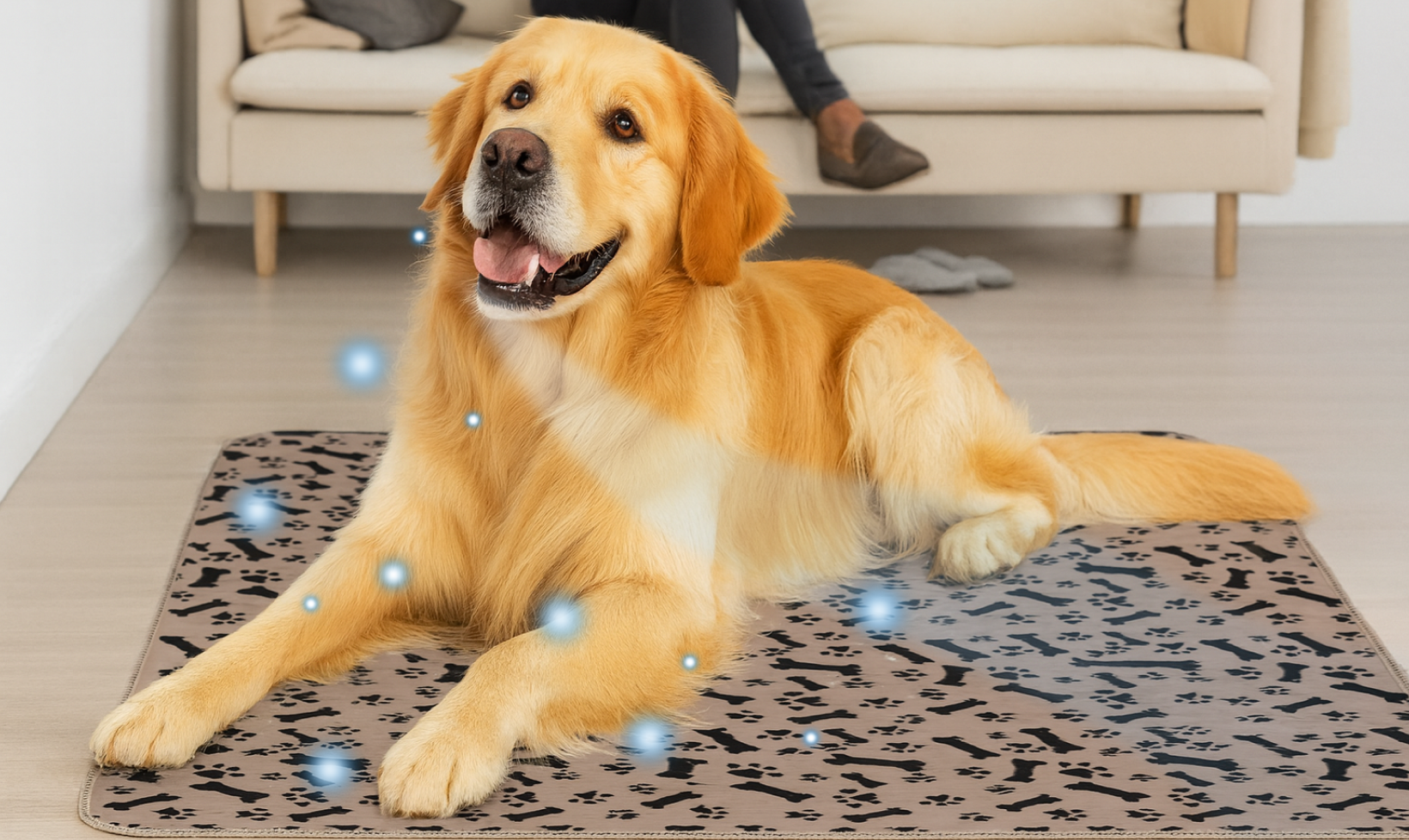 Golden retriever lying on a mat with blue orbs around.