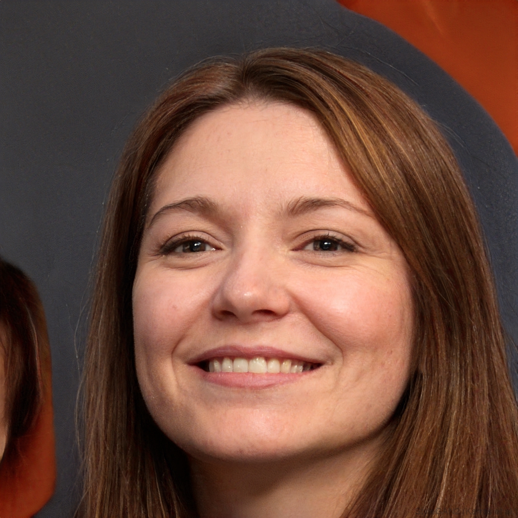 A woman smiling against a dark background with orange accents.