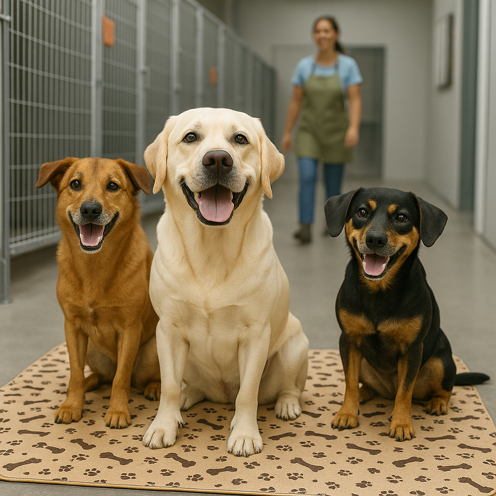 Three smiling dogs sit on a mat in a hallway with a person approaching.