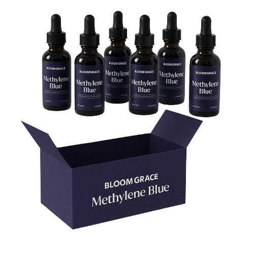 Six bottles of Methylene Blue with droppers and an open box.