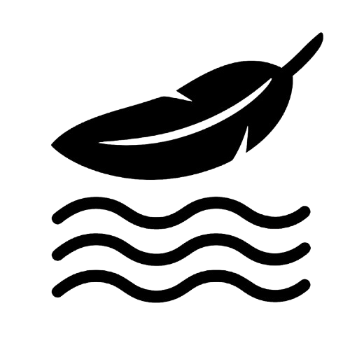 Black feather icon above wavy lines on white background.