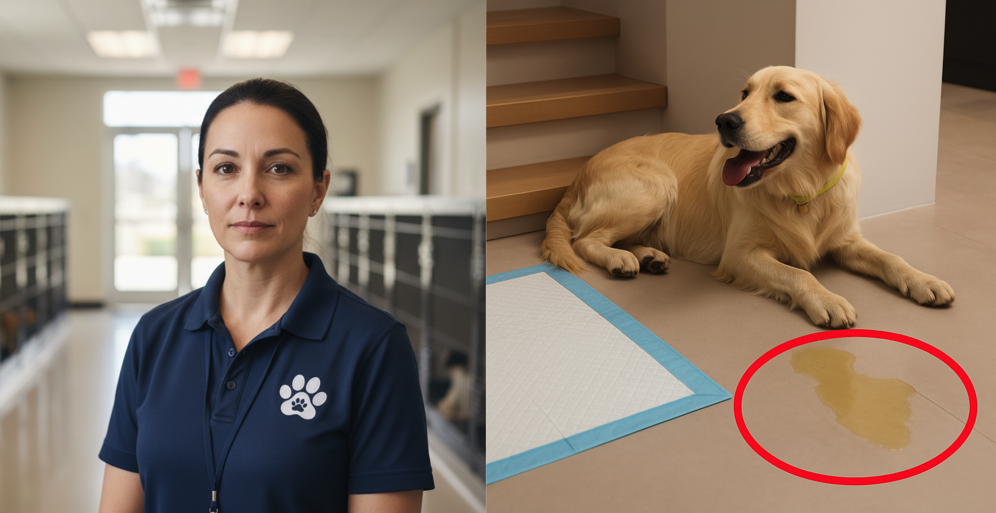 Person in a blue shirt in a hallway; golden retriever near a pee pad with a stain.