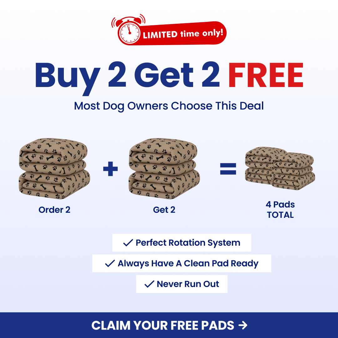 Promotional image for buy 2 get 2 free dog pads offer.