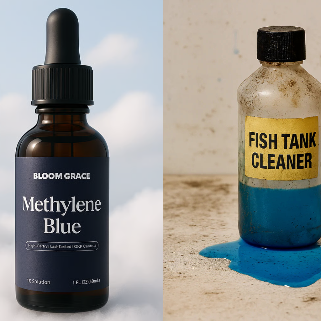Two bottles: Methylene Blue and Fish Tank Cleaner, with blue liquid spill.