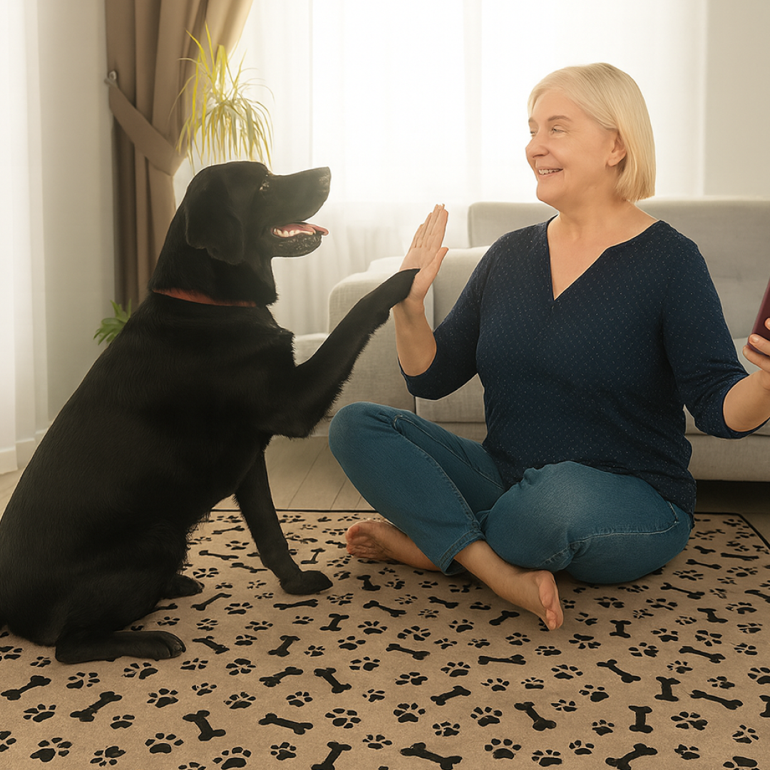 Woman high-fives a sitting black dog indoors.