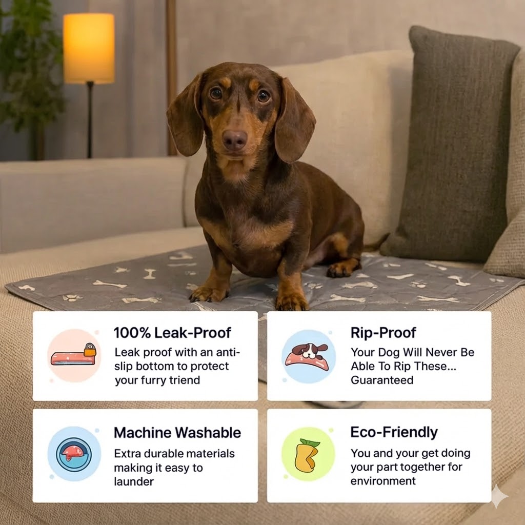 Dachshund on a sofa with dog pad features highlighted at the bottom.