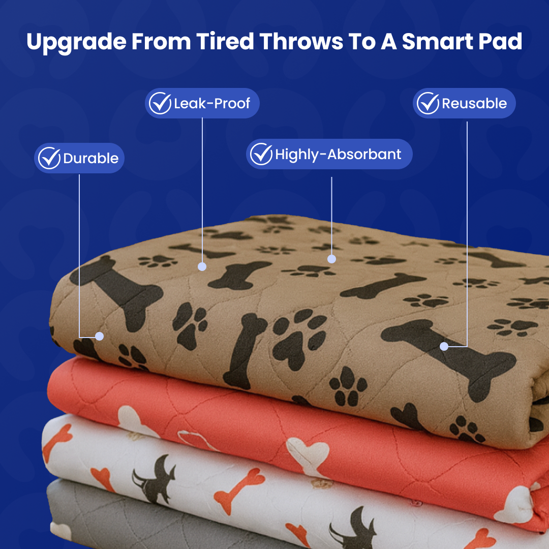 Stacked pet pads with patterns, labeled durable, leak-proof, absorbent, reusable.