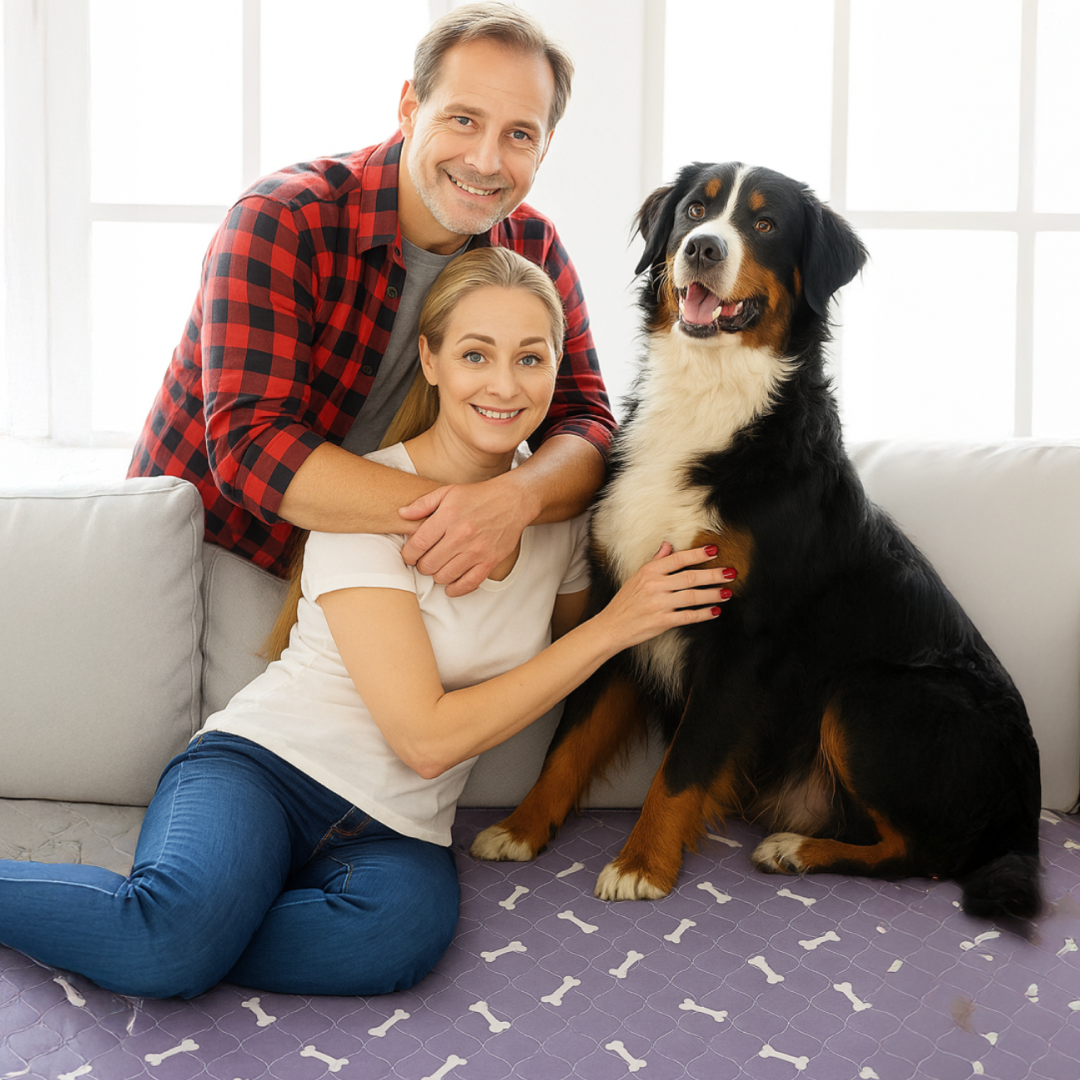 A couple sitting on a couch with a large black and brown dog.