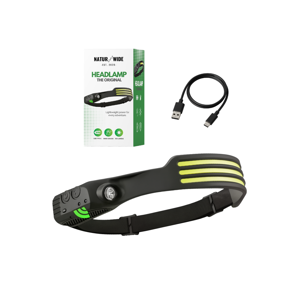 Black headlamp with green accents, USB-C cable, and product box.