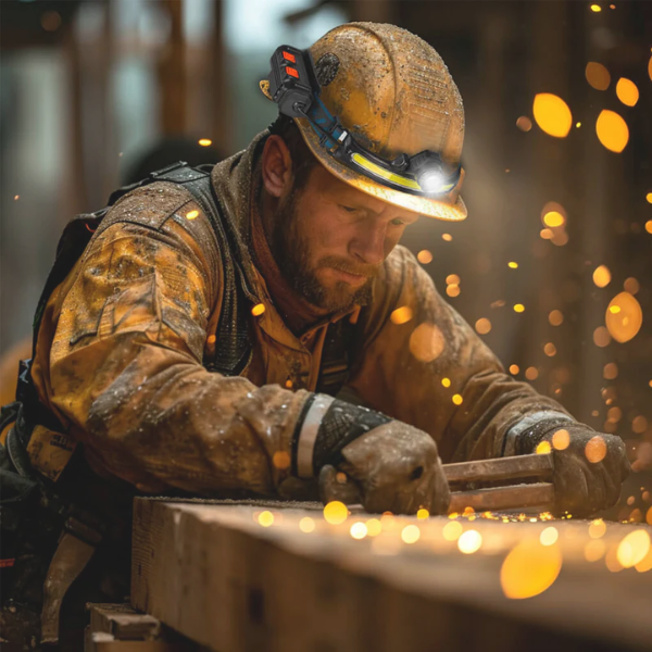 Construction worker using a saw with sparks flying in a dimly lit worksite.