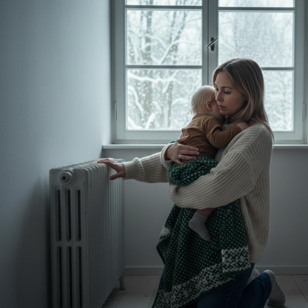 A woman holds a small child, kneeling by a radiator next to a window showing a snowy scene.