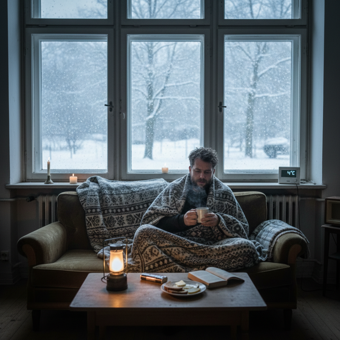 A man wrapped in a patterned blanket sits on a couch with a hot drink as snow falls outside.