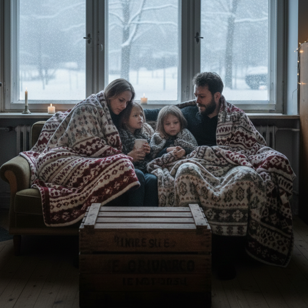 A family of four sits on a couch under blankets, looking out a window as it snows outside.