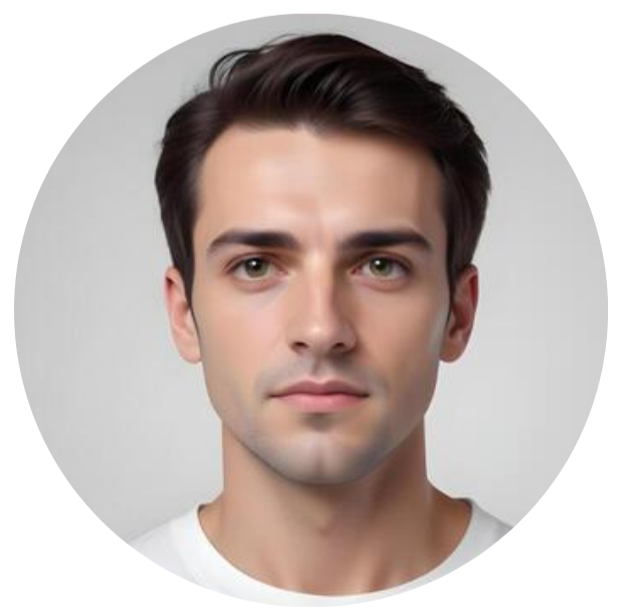 A circular headshot of a man with dark hair and light eyes looking directly at the camera.