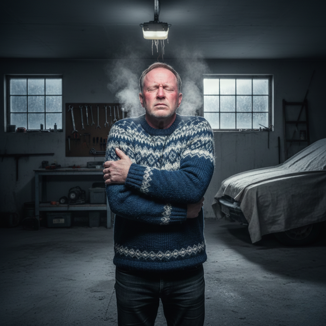 A man wearing a sweater shivers from the cold inside a dimly lit garage.