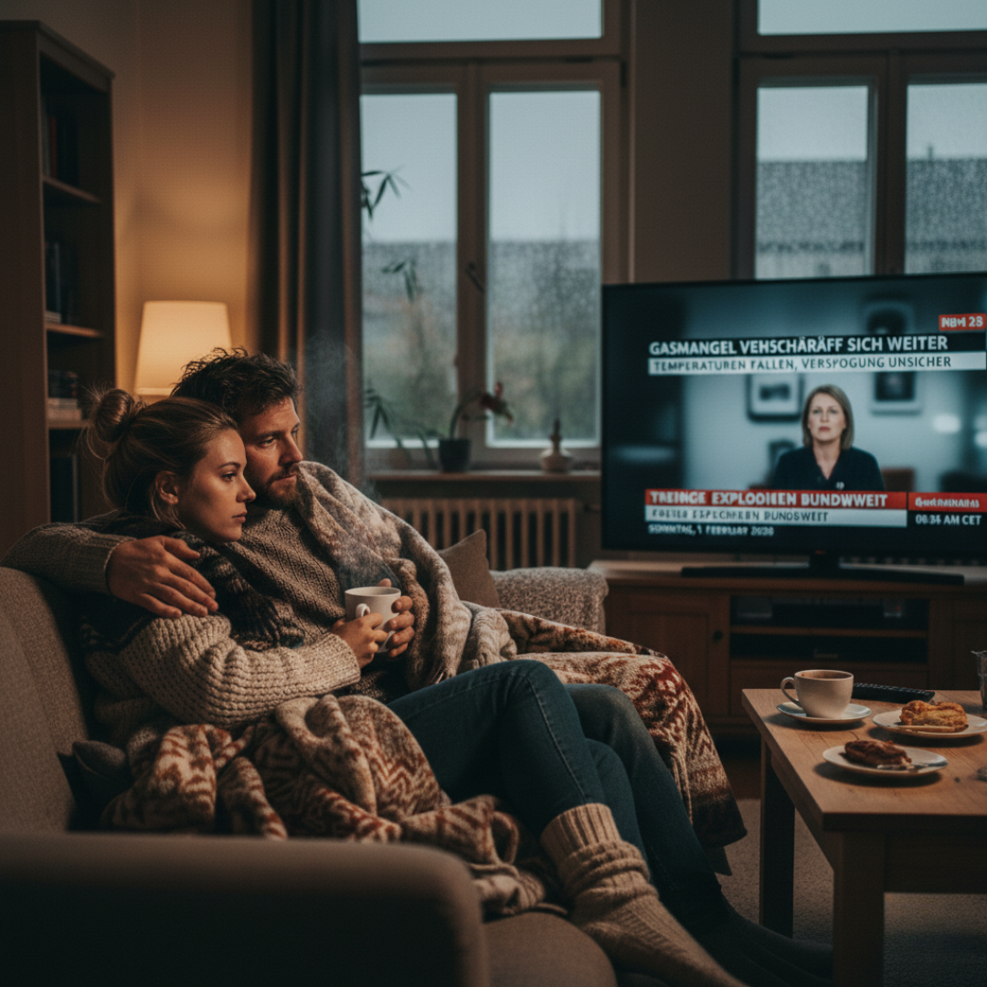A couple wrapped in blankets sits on a couch, watching a news broadcast on television.