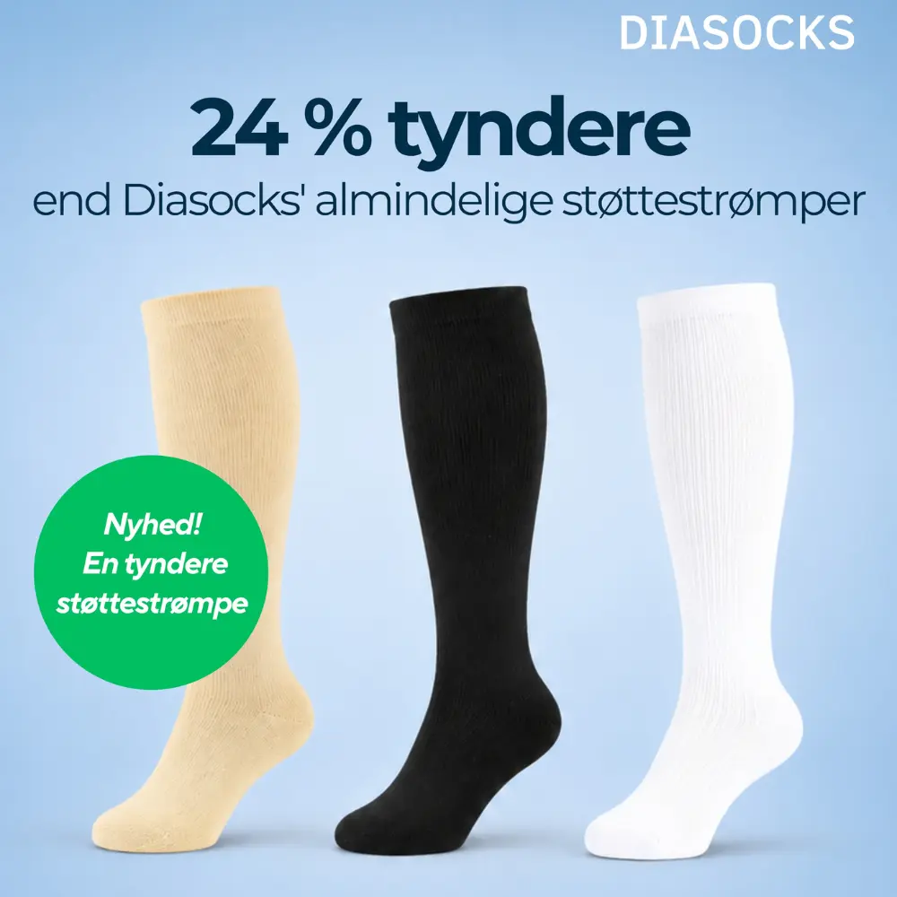 An advertisement for Diasocks showing three knee-high compression socks in tan, black, and white on a blue background.