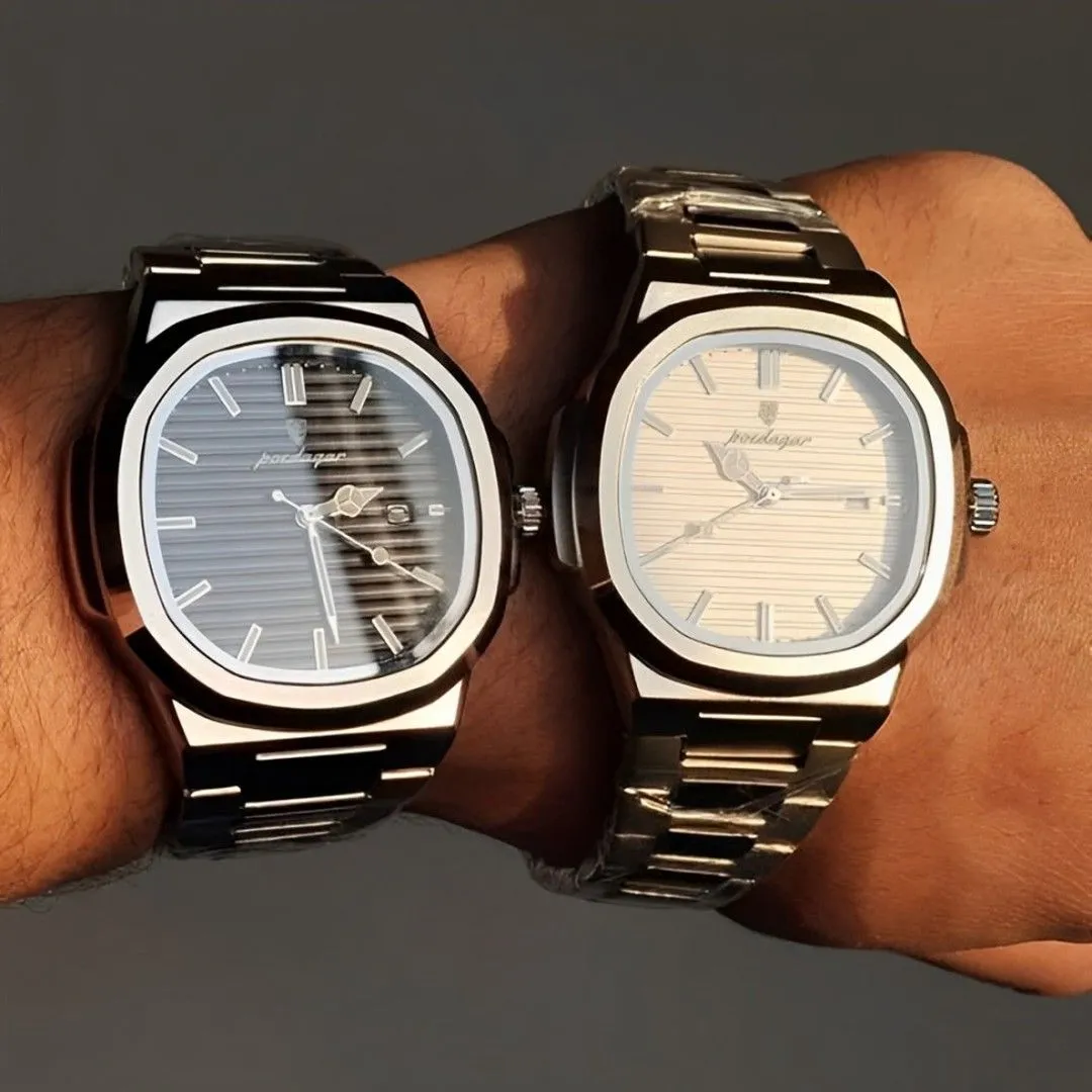 Two wrists wearing silver watches with textured dials in different lighting.