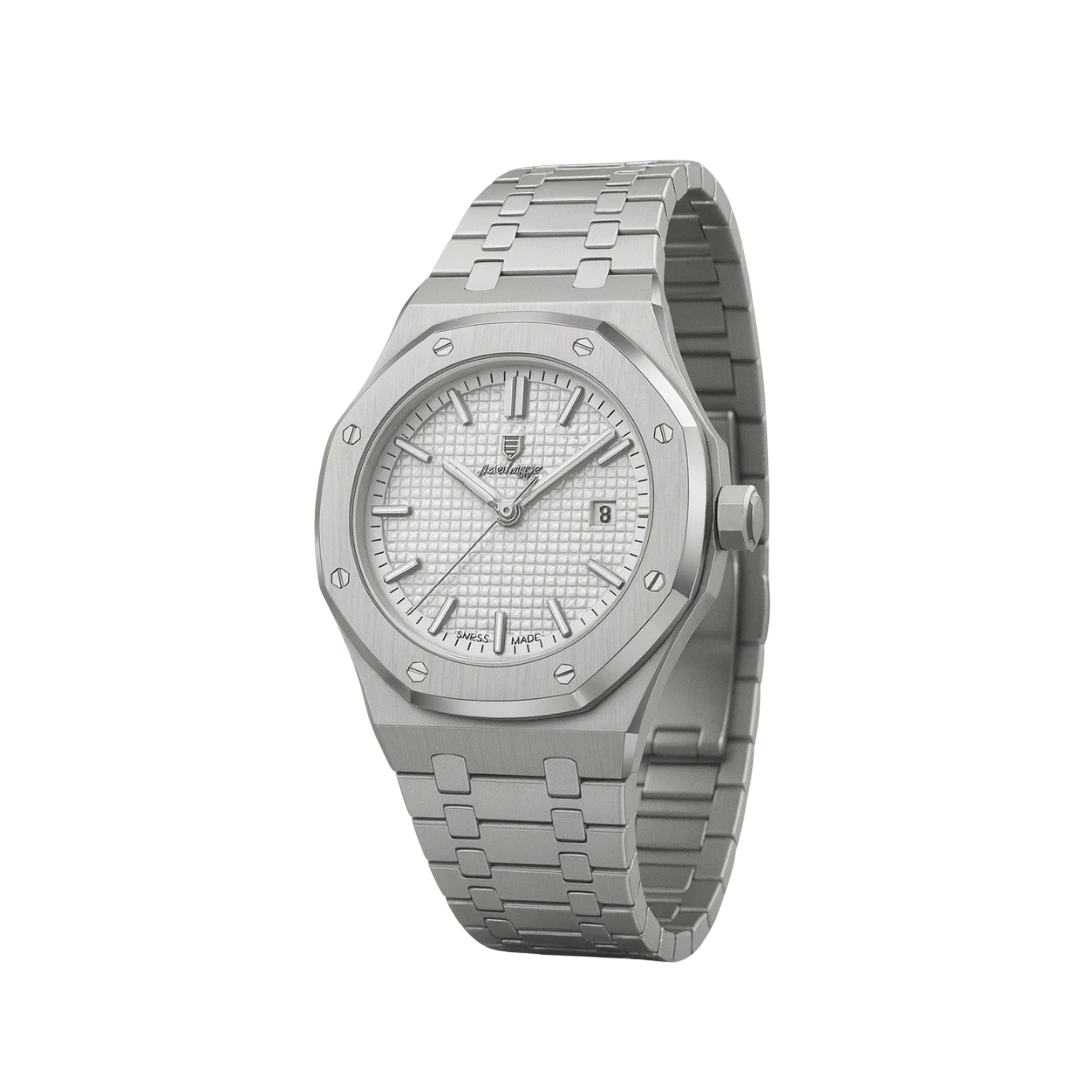 Silver wristwatch with a textured dial and metal bracelet on a white background.