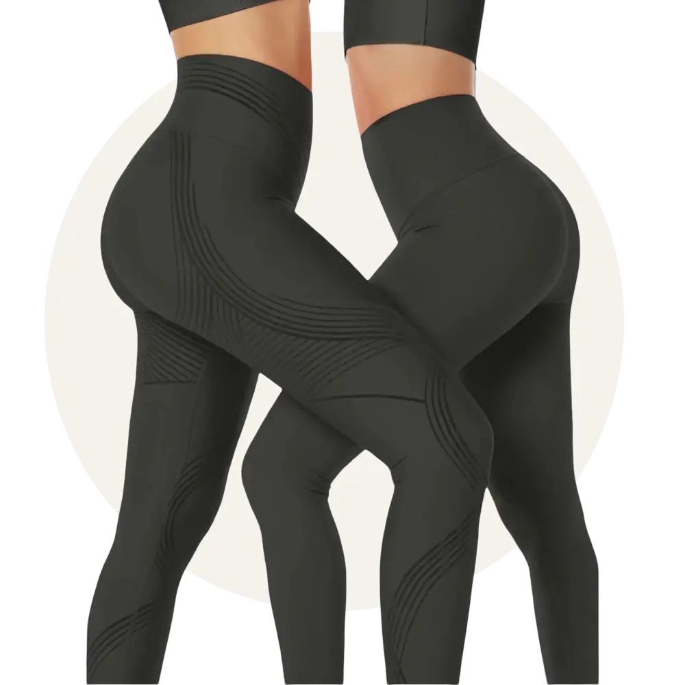 Two people wearing black athletic leggings in a stylized pose.