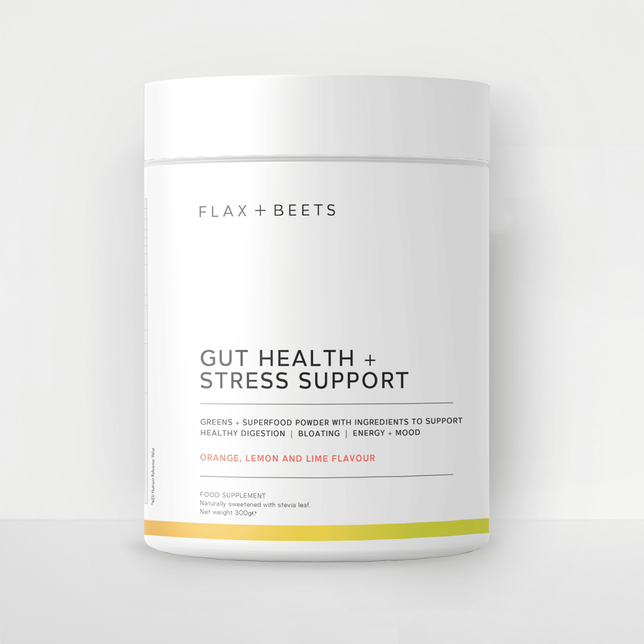 Two containers of gut health supplements with glasses of green juice and fruit slices.