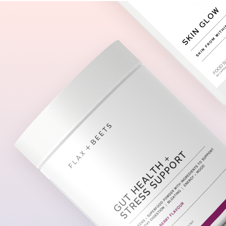 Two supplement containers labeled 'Gut Health + Stress Support' and 'Skin Glow' on a gradient background.