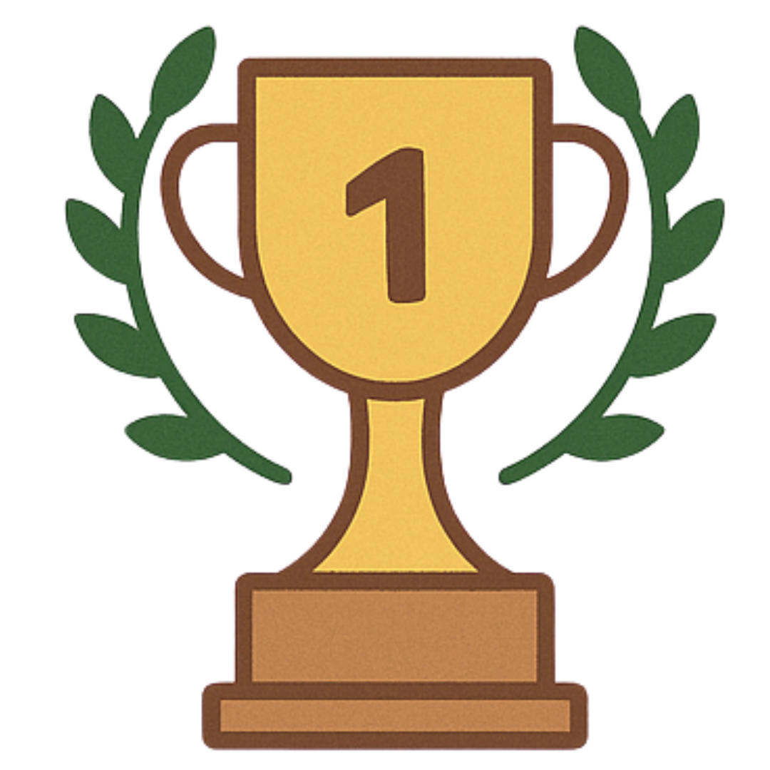 Illustration of a gold trophy with a number one and green laurel leaves.