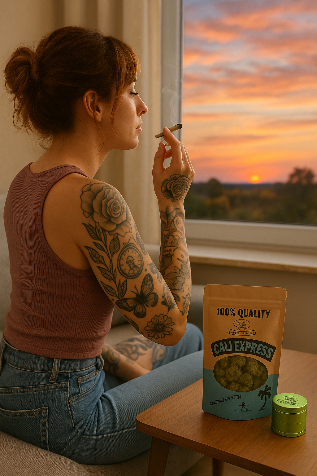 Person with tattoos smoking, sitting by a window at sunset.