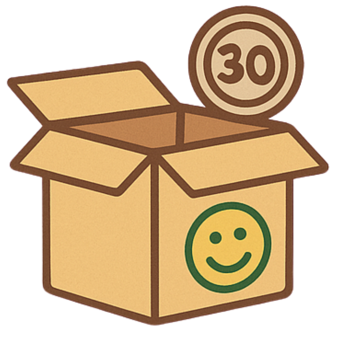 Open cardboard box with a smiley face and a coin marked '30'.