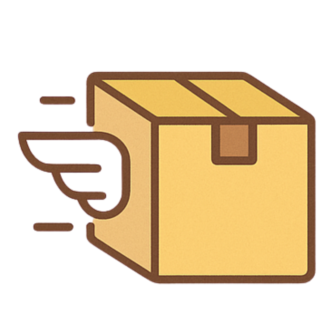 Illustration of a flying cardboard box with wings.