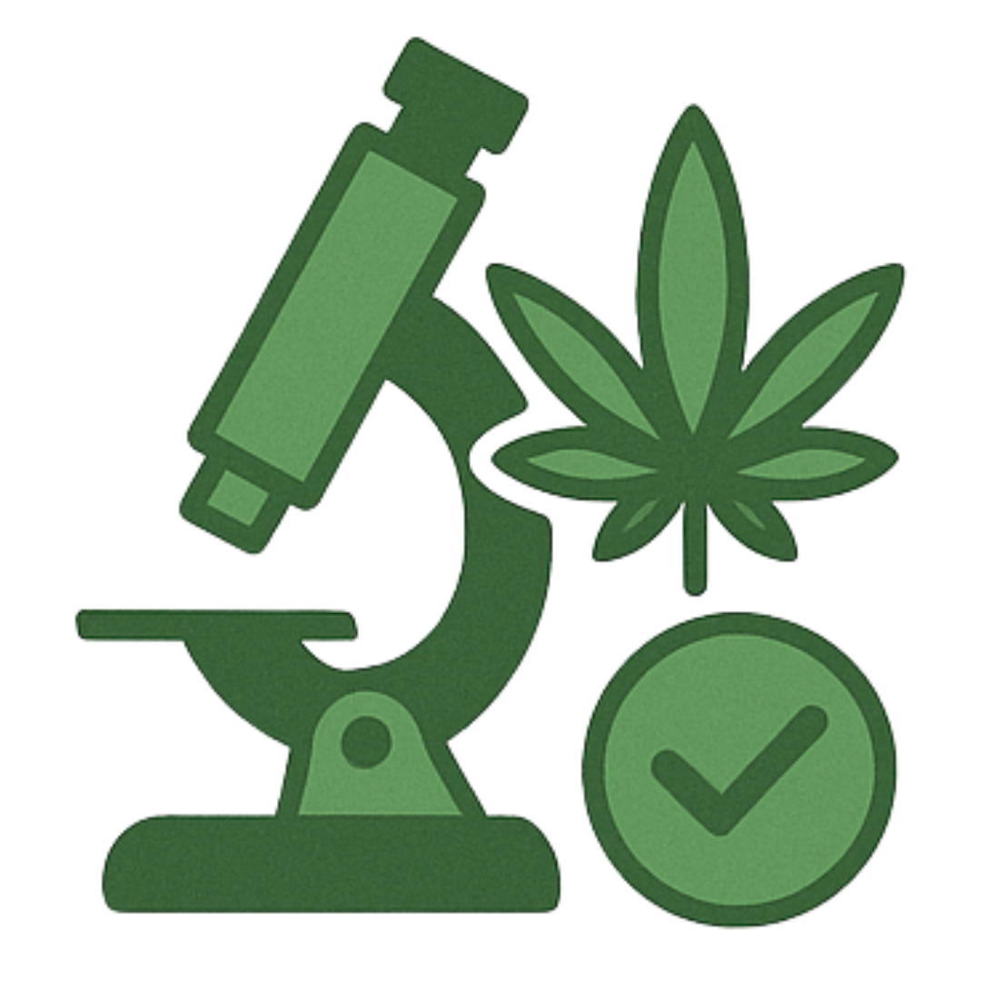 Green microscope, cannabis leaf, and checkmark icon.