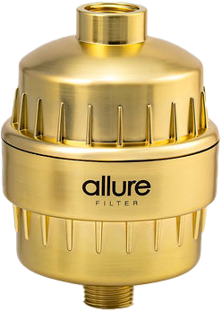 A gold-colored water filter with the word 'allure' printed on it.