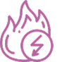 A purple line icon of a flame with a lightning bolt inside a circle.