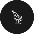 White microscope icon on a black circular background.