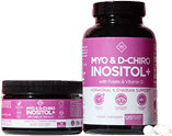 Two pink-labeled supplement bottles, one large and one small, with visible text 'Myo & D-Chiro Inositol+'.