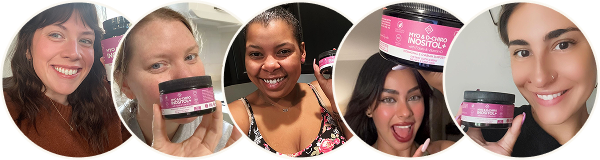 A woman in a white strapless top holds a supplement bottle over a glass of water on a counter.