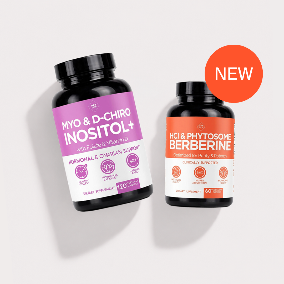 Two bottles of supplements, Myo & D-Chiro Inositol+ and HCl & Phytosome Berberine, on a plain background.