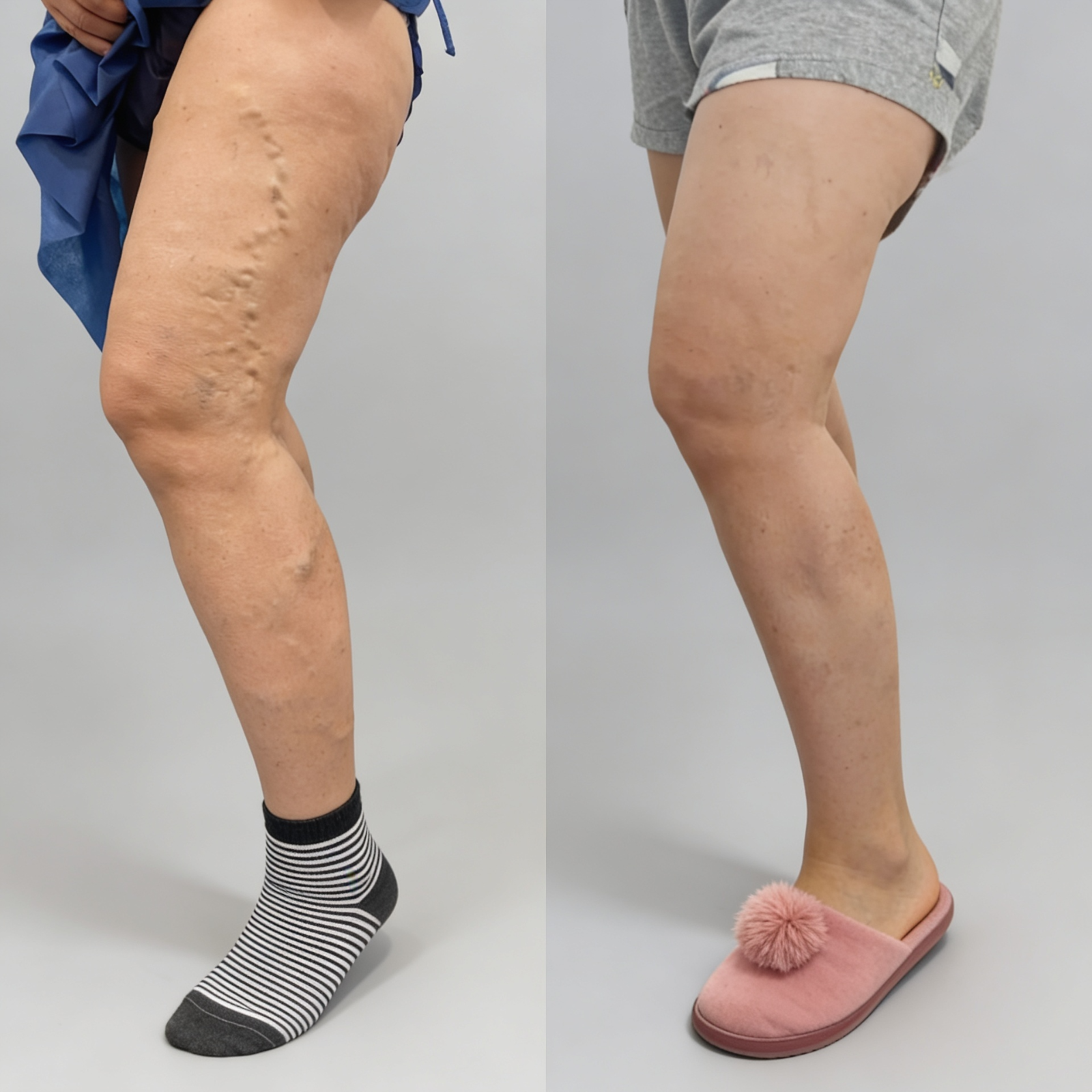 A before and after image showing a leg with varicose veins and the same leg after treatment.