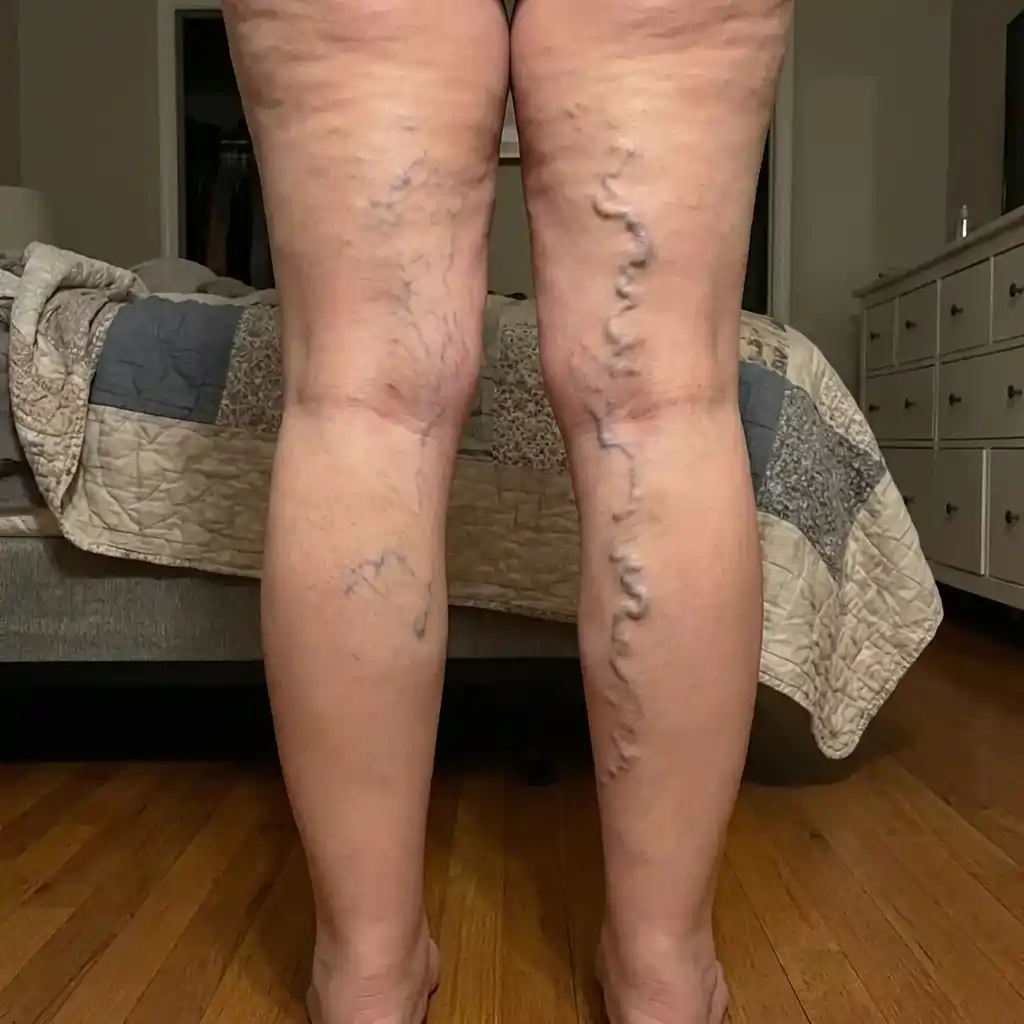 A close-up view of the back of a person's legs with prominent varicose veins.
