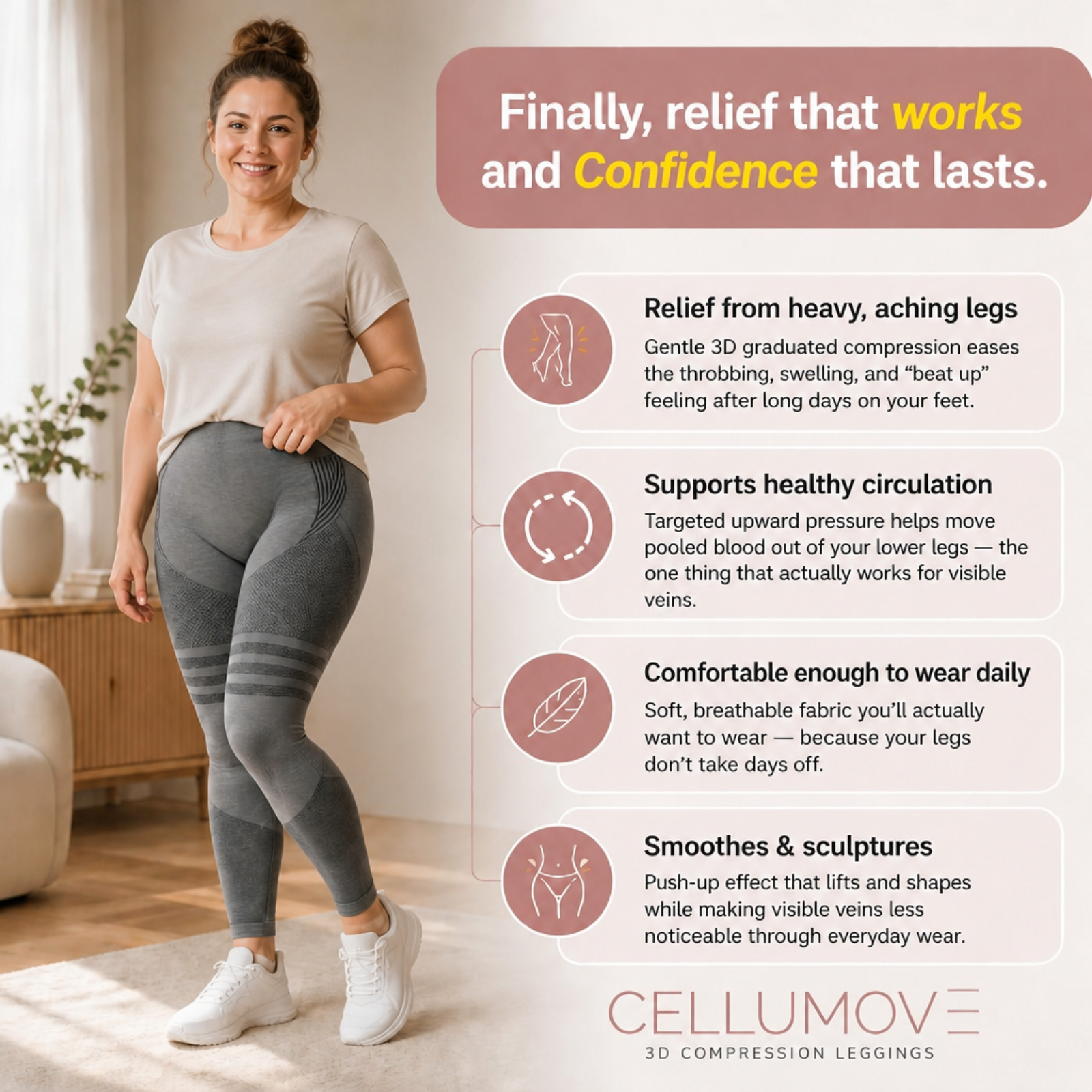 An advertisement for compression leggings, showing a woman modeling them next to a list of their benefits.