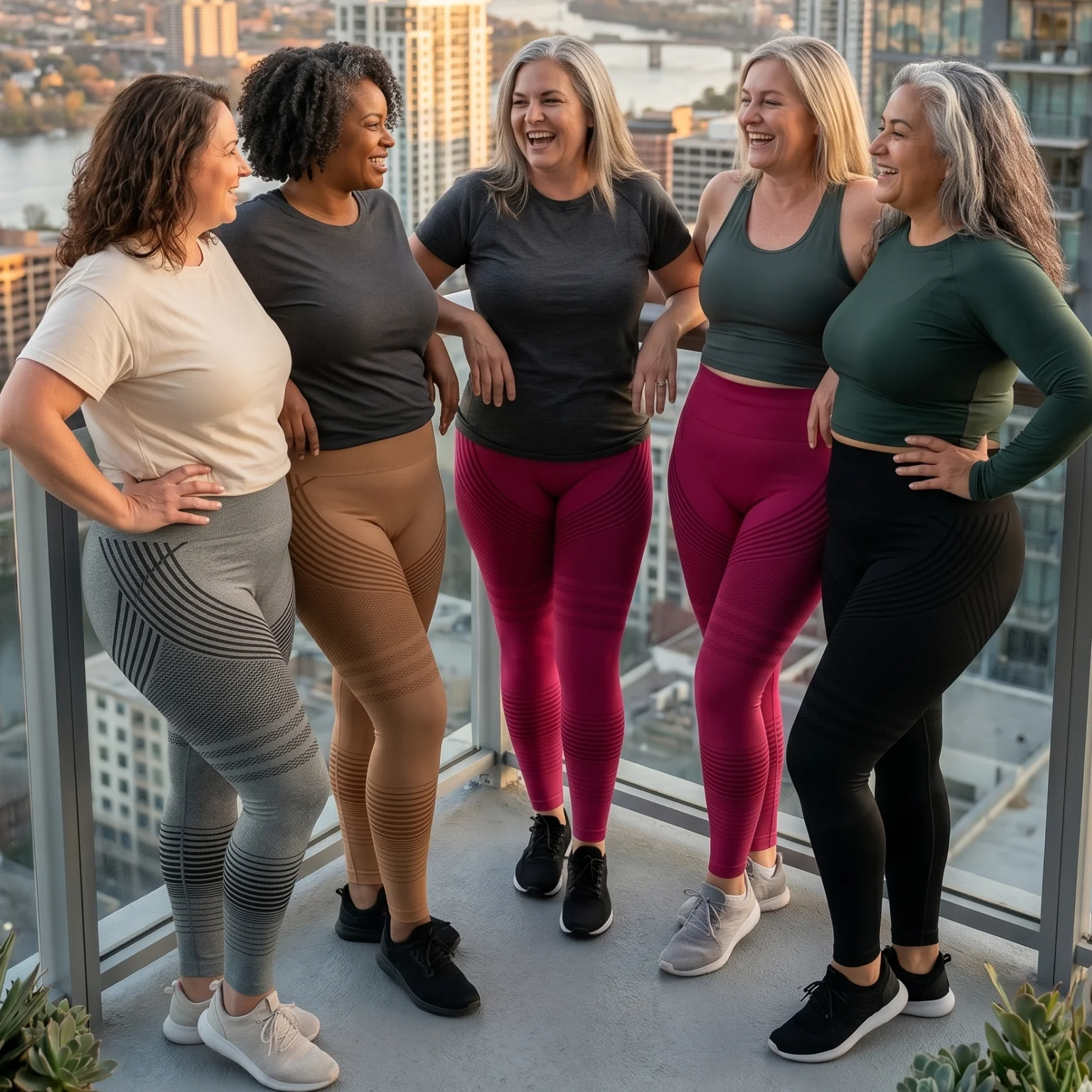 Five women in athletic wear stand together laughing on a balcony overlooking a city.