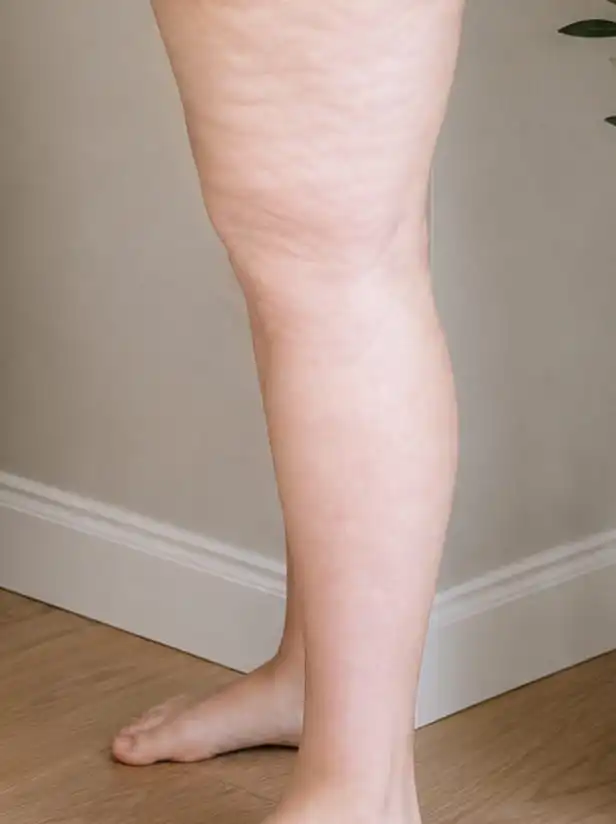 A side view of a person's bare leg, from mid-thigh to foot, showing cellulite on the thigh.