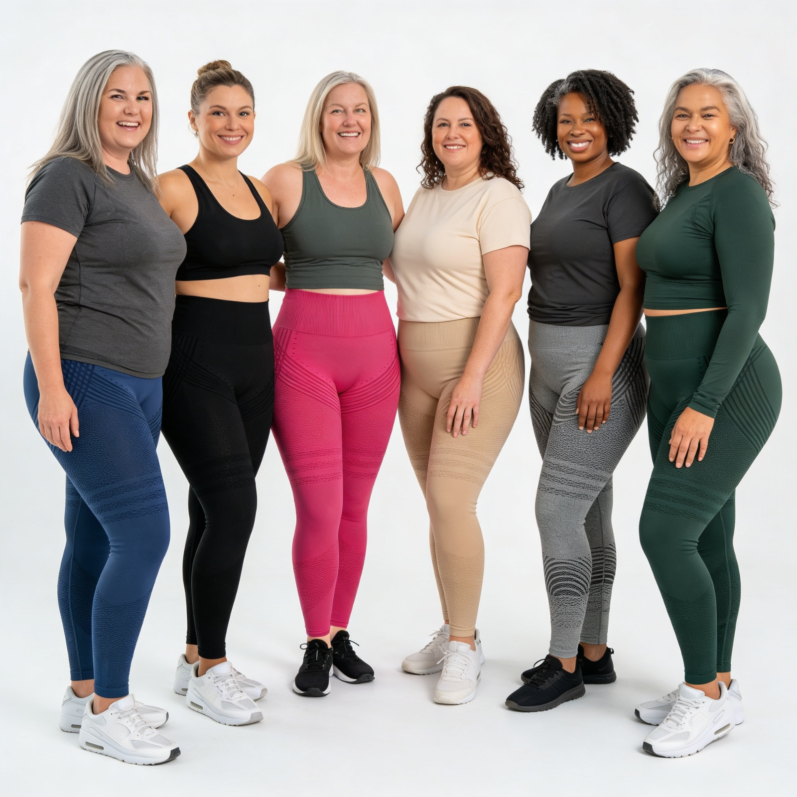Six diverse women in colorful athletic wear smiling and standing together against a white background.