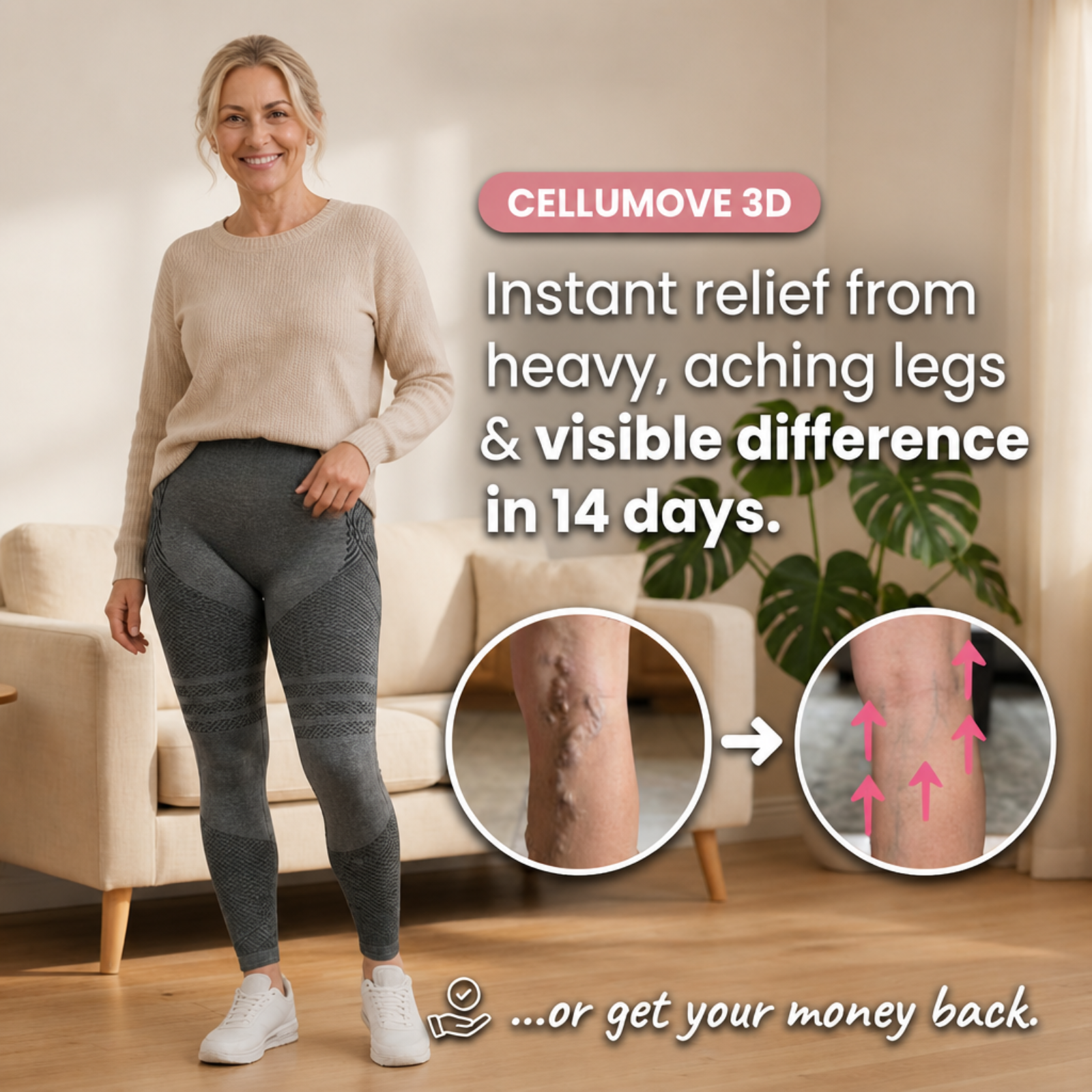An advertisement for leggings with a woman and before-and-after images of varicose veins on a leg.