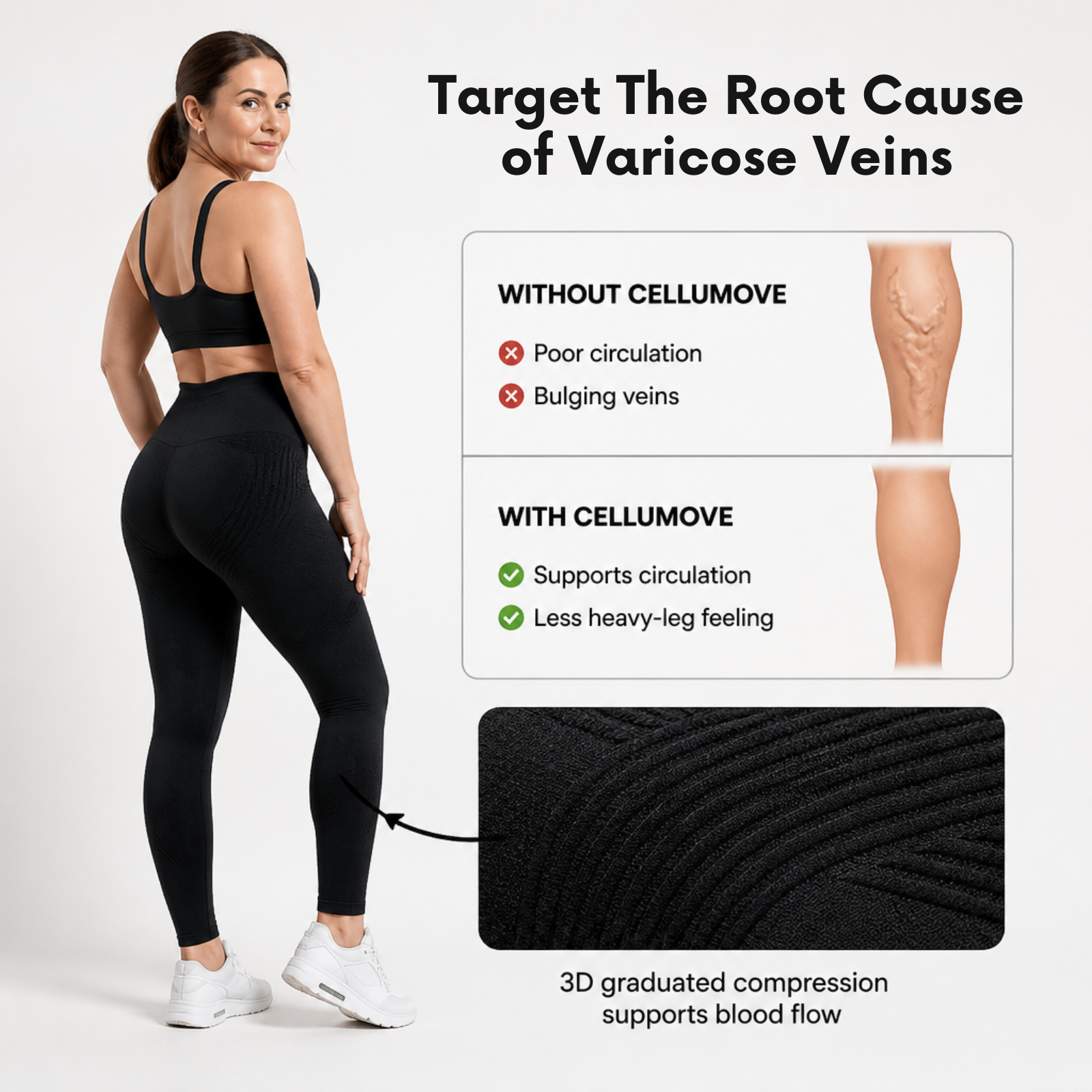 An ad for Cellumove leggings, showing benefits for varicose veins with diagrams and a model.